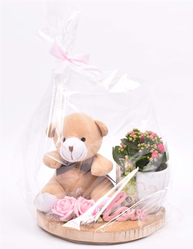 Boomschors schijf, ker. pot en beer met roze hart, D 18