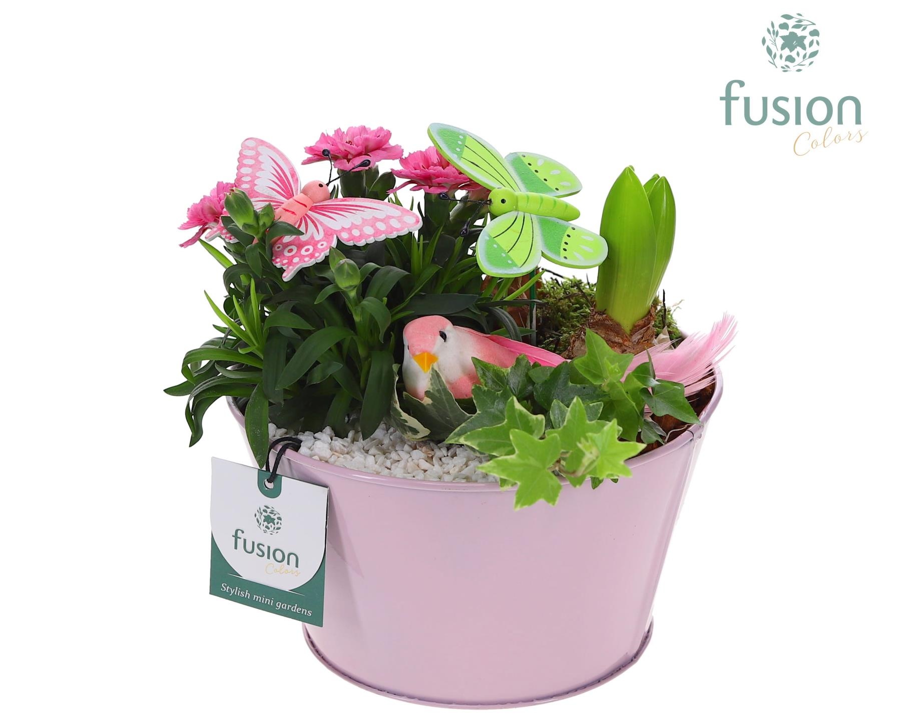 Zink schaal voorjaar div.kleuren met arrangement, D 18 cm