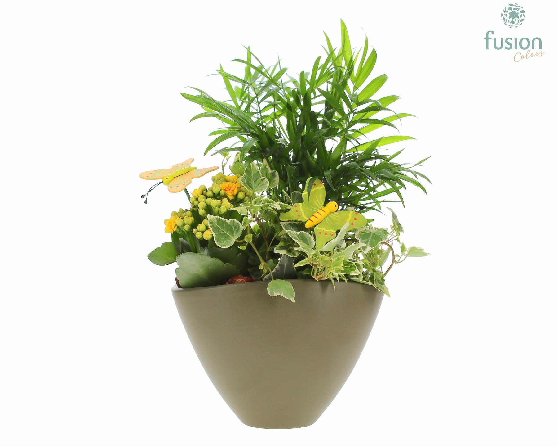 Keramiek pot ovaal legergroen Voorjaar met vlinders, D 18