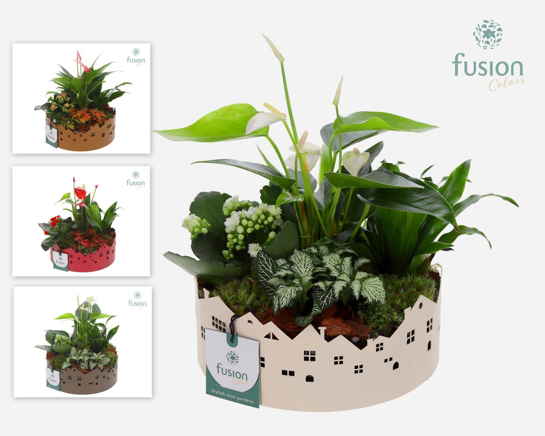 Zinken schaal Huisjes Medium met arrangement, D 19 cm