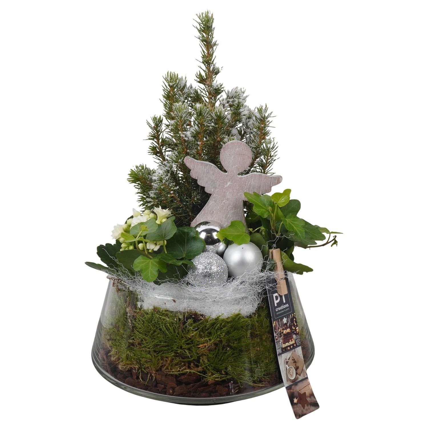 PTCHW4404 Arrangement Christmas White in glazen pot, D 18 cm