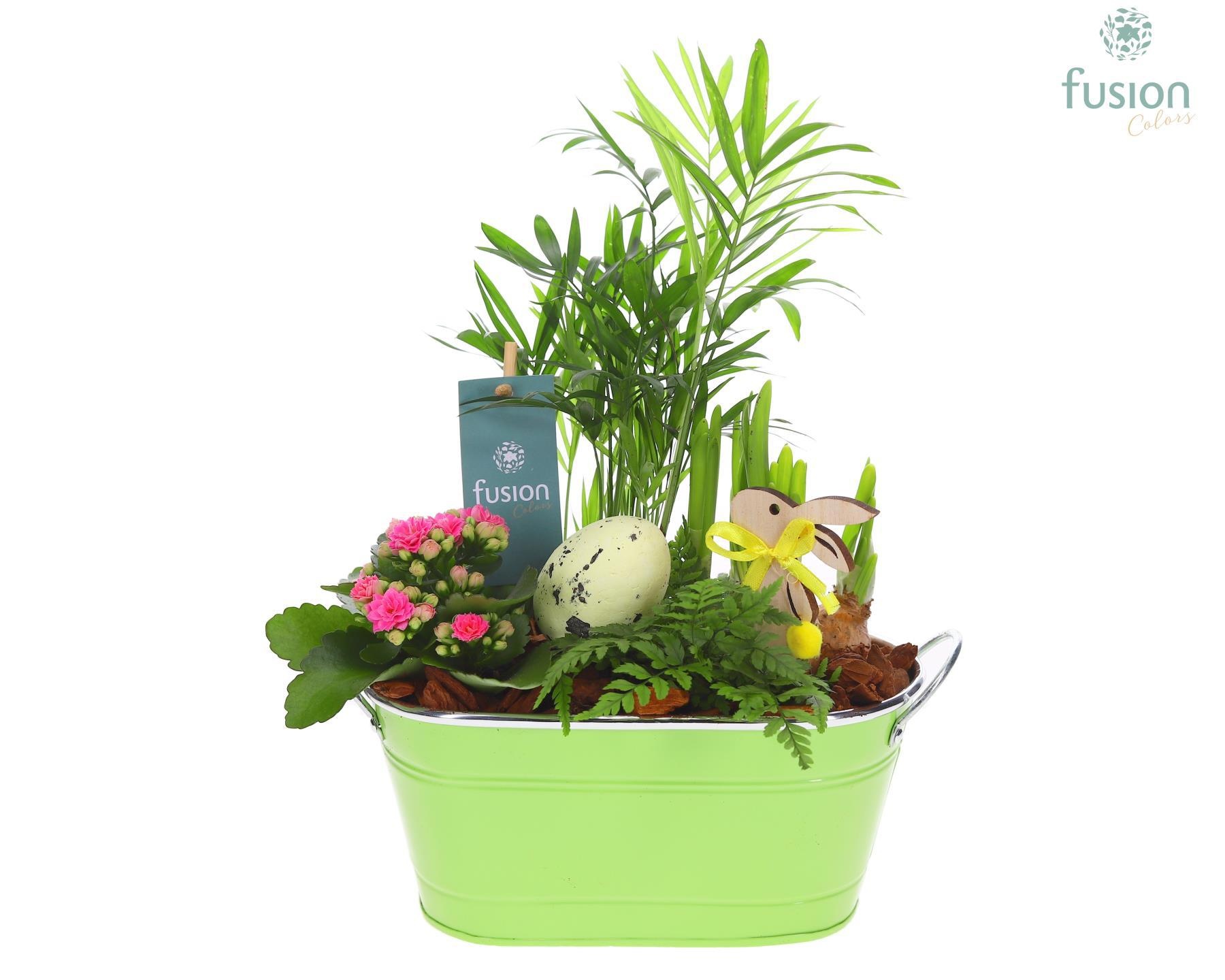 Schaal zink ovaal Pasen met Arrangement verschillende kleuren, D 25