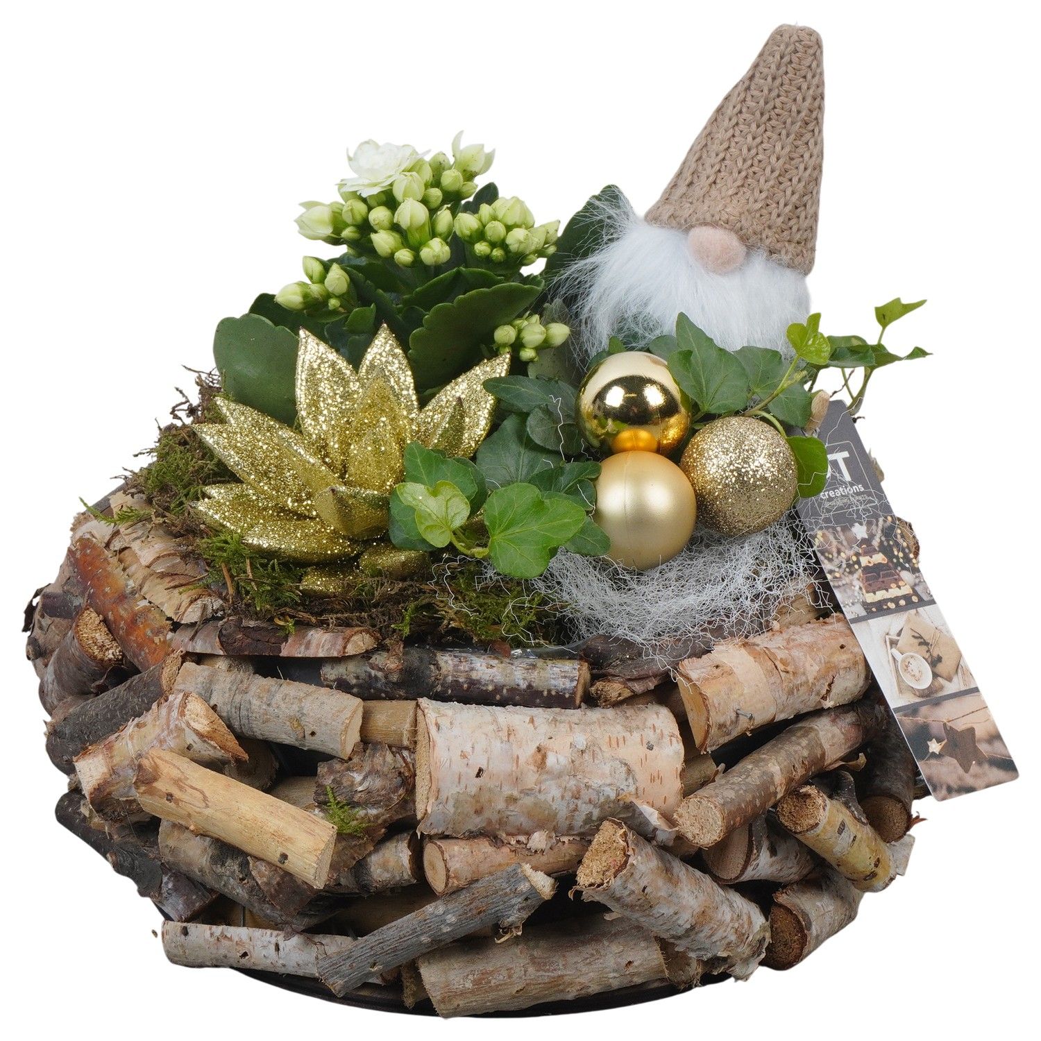 PTCHG5680 Arrangement Christmas Gold in houten pot, D 23 cm