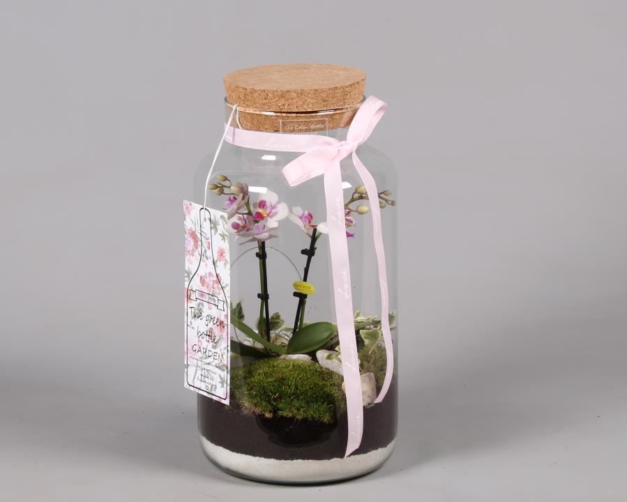 Green Bottle met Arrangement., D 19 cm Green Bottle met Arrangement., D 19 cm