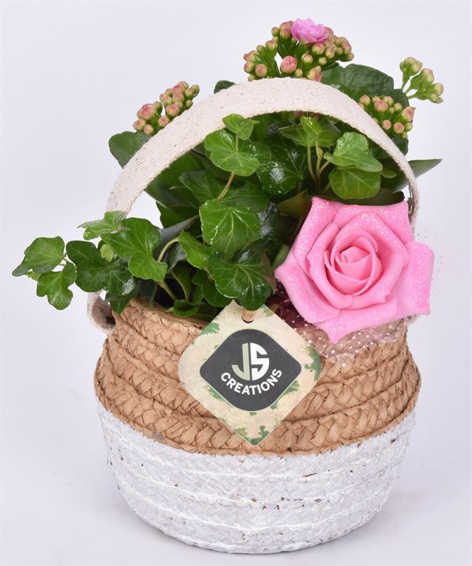 Cement pot met jute handvat 14,5cm, D 14