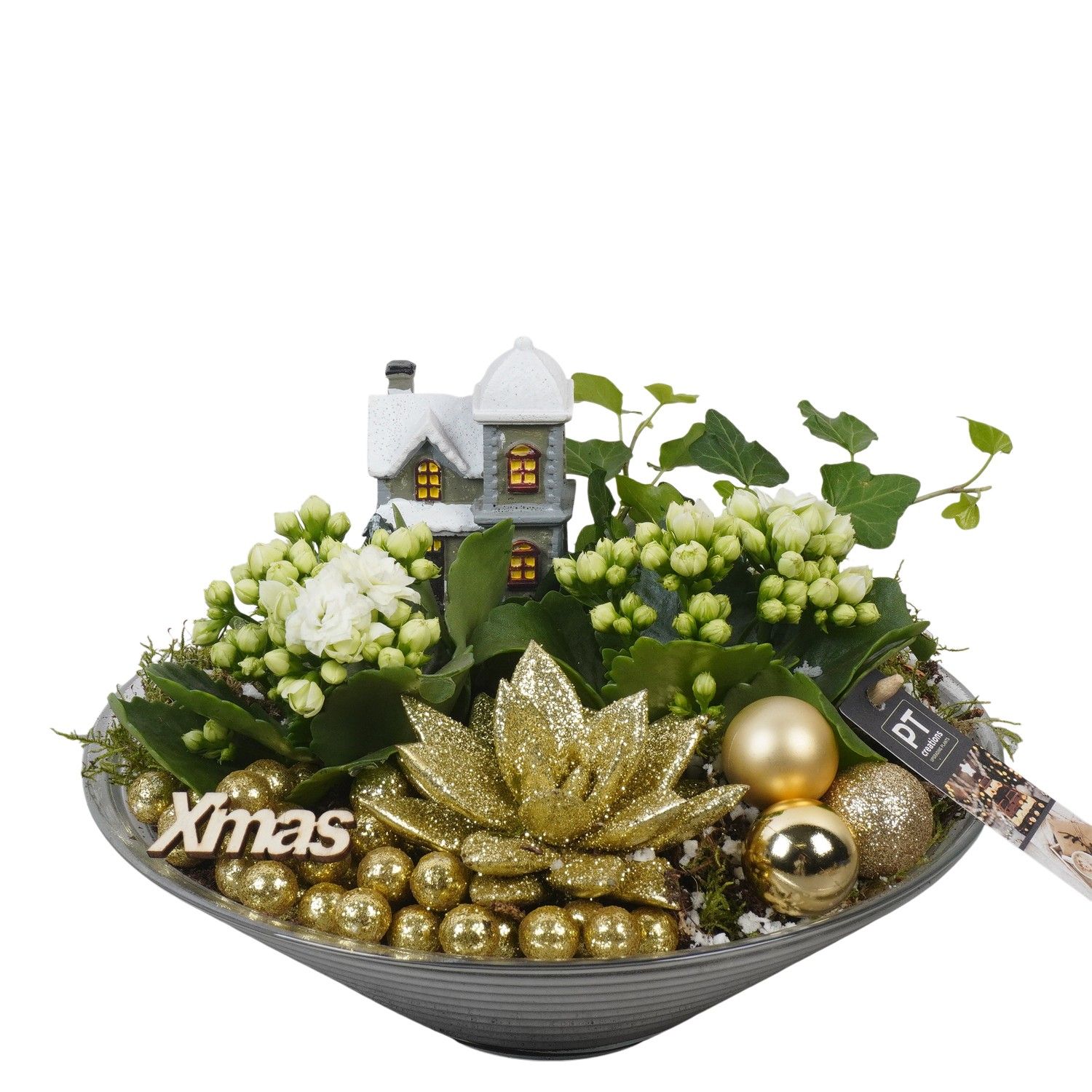 PTCHG5722 Arrangement Christmas Gold in glas schaal, D 26 cm