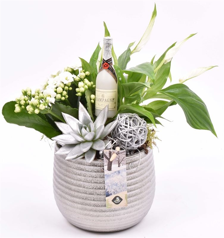 Keramiek zilver pot ribbel 16 cm, D 14