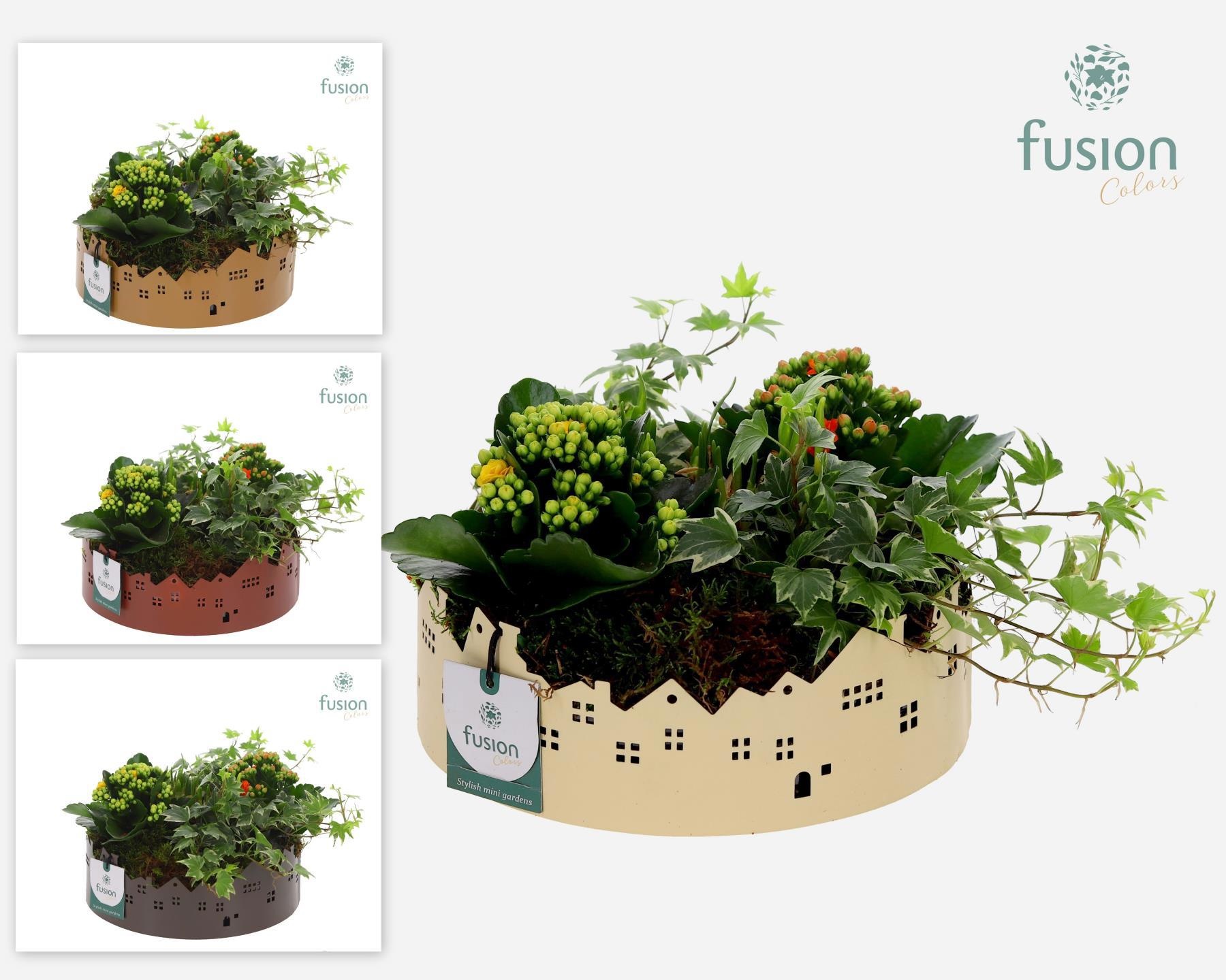 Zinken schaal Huisjes Large met Voorjaar arrangement, D 22 cm