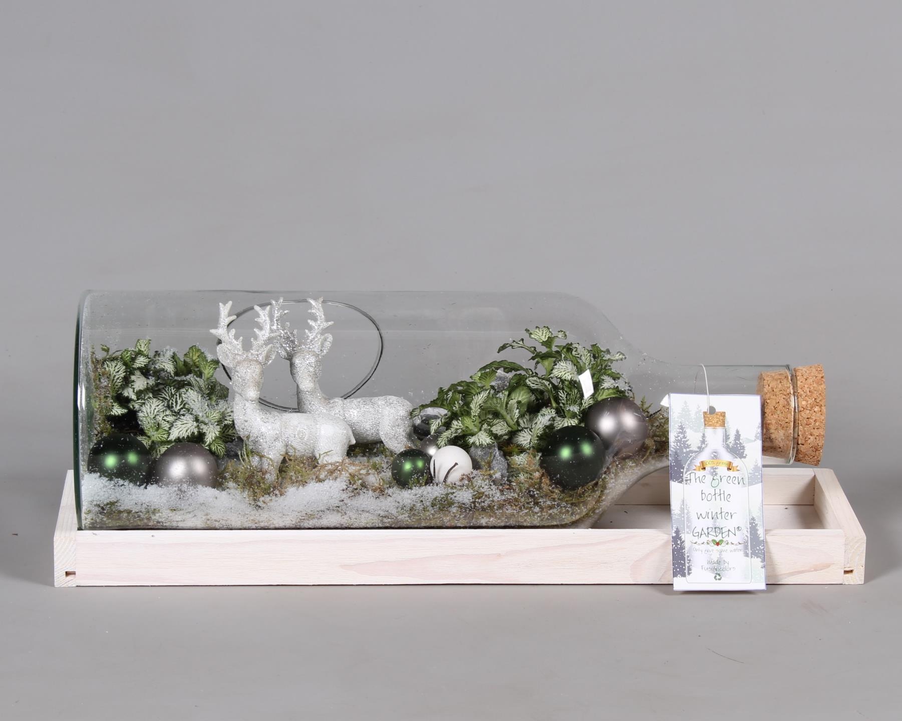 Green Bottle Fles Medium liggend Kerst met Arrangement, D 48 cm Green Bottle Fles Medium liggend Kerst met Arrangement, D 48 cm