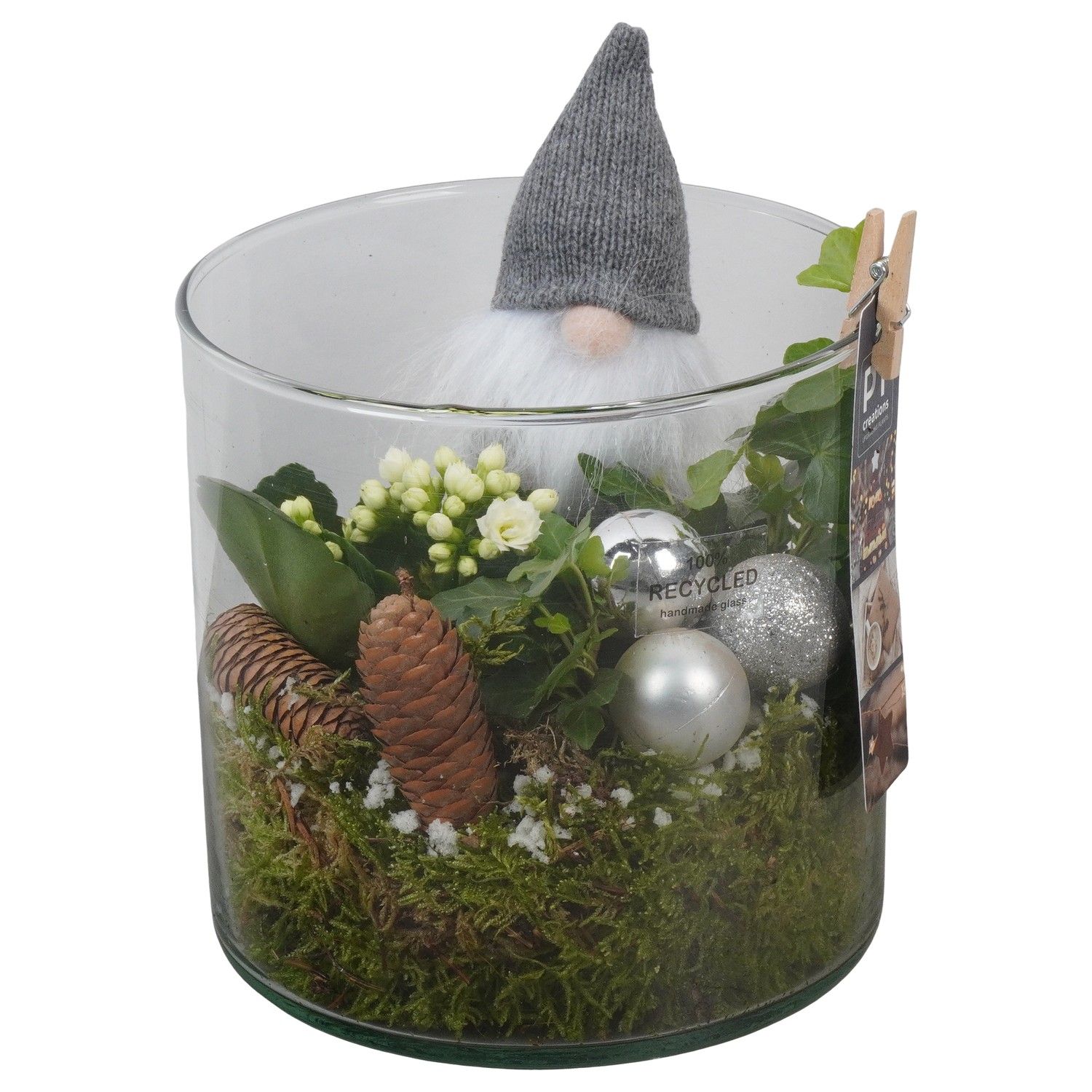 PTCHW4394 Arrangement Christmas White in glazen pot, D 15 cm