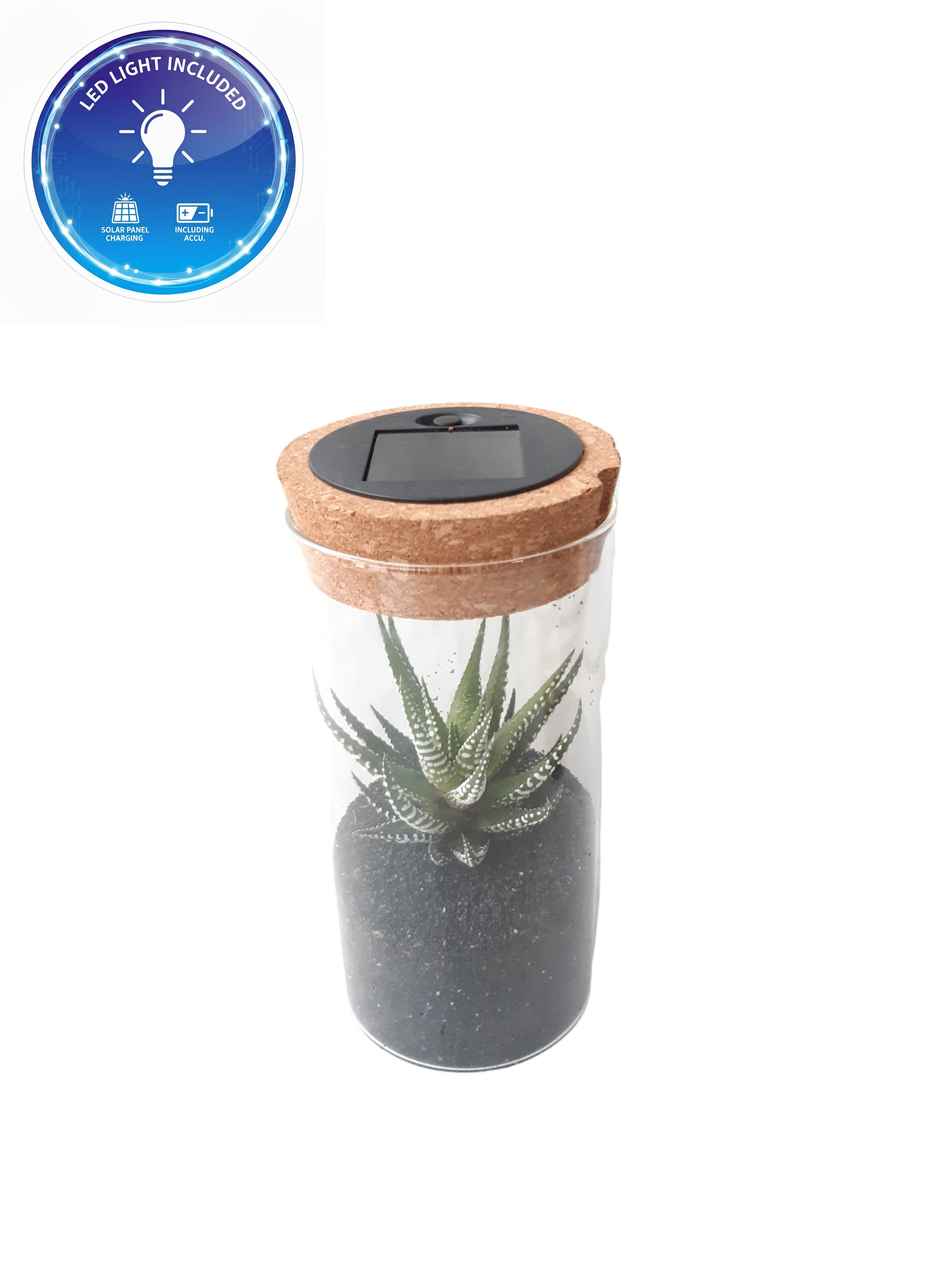 LVS18 Glasvaasje + kurkdeksel Solar & LED, D 8