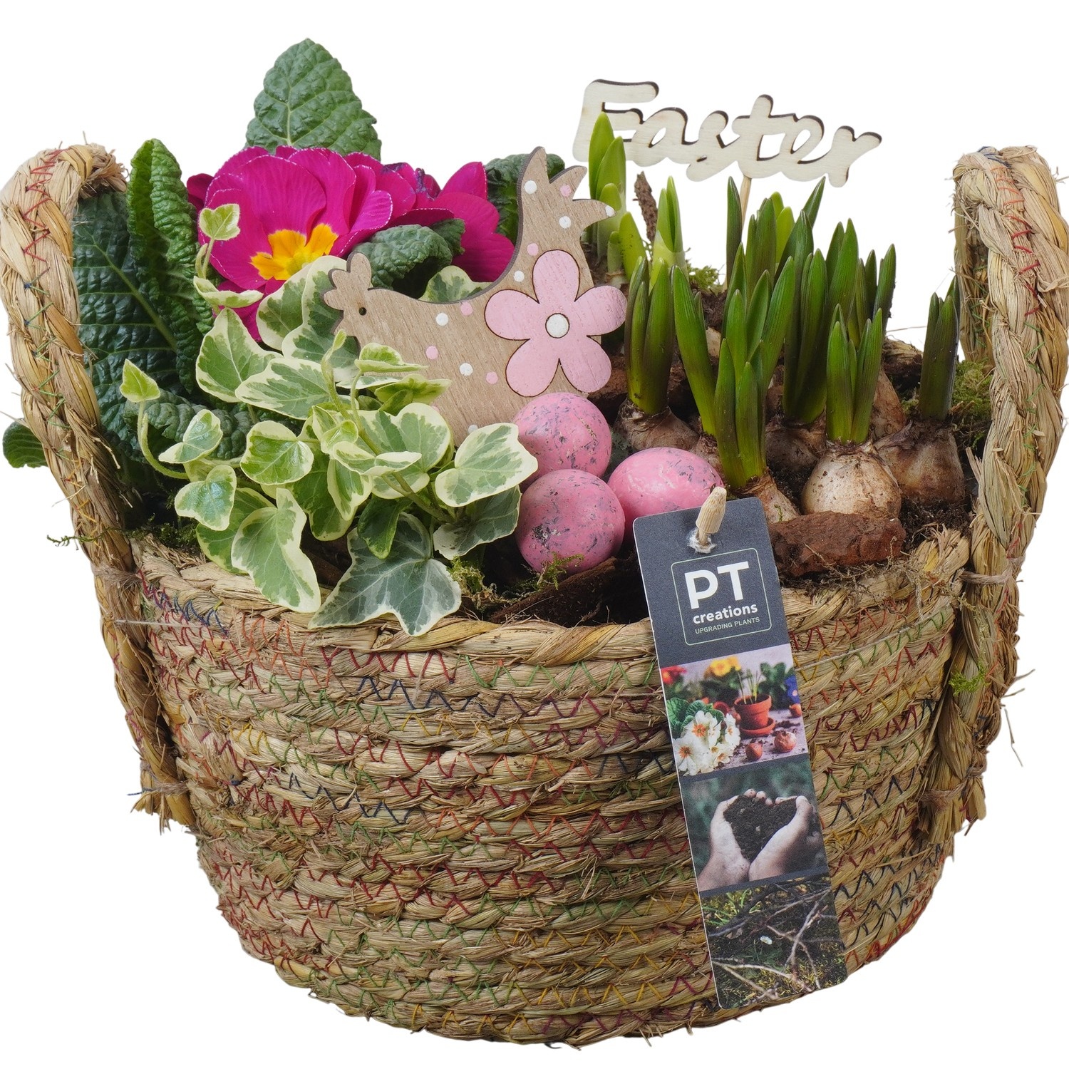 PTBMP5683 Arrangement Easter Bulbs Mix in rieten mand, D 22