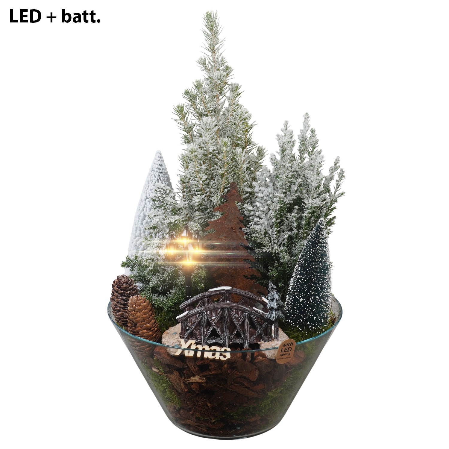 PTCWW7730 Arrangement Winter in glas schaal met led, D 26