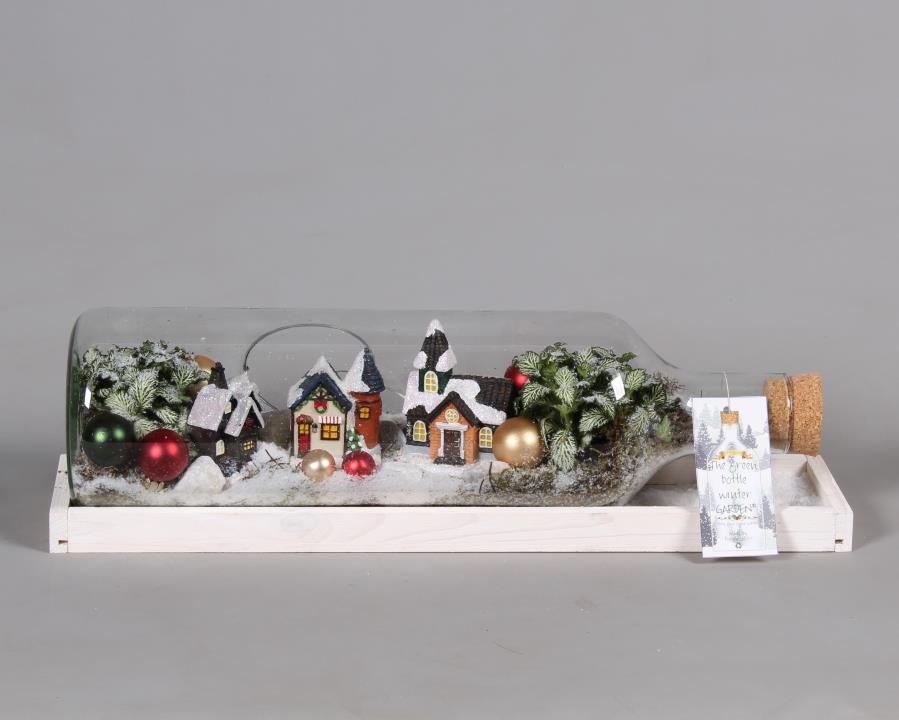 Green Bottle Fles Large liggend Kerst met Arrangement, D 58 cm Green Bottle Fles Large liggend Kerst met Arrangement, D 58 cm