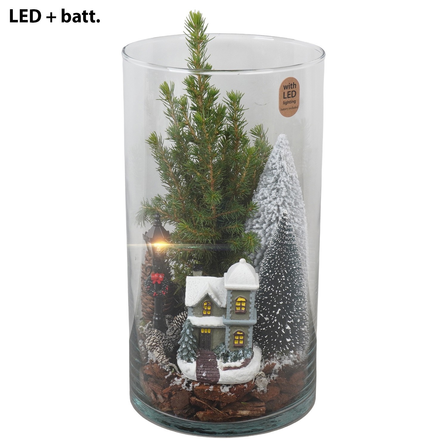 PTCWW7728 Arrangement Winter in glazen vaas met led, D 16