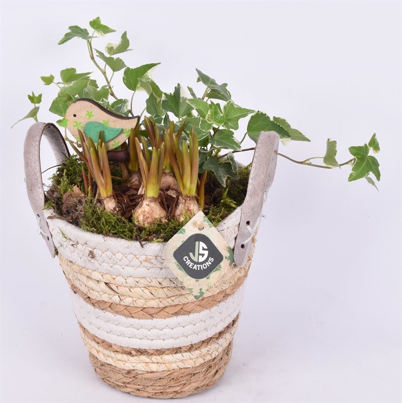 Touwmand met leer hengs. 17cm, D 17