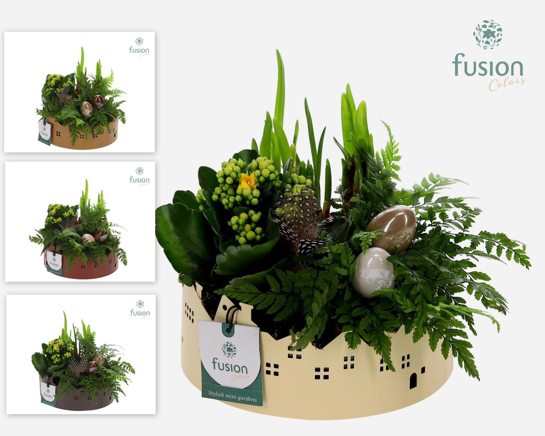 Zinken schaal Huisjes Medium met Pasen arrangement, D 19 cm