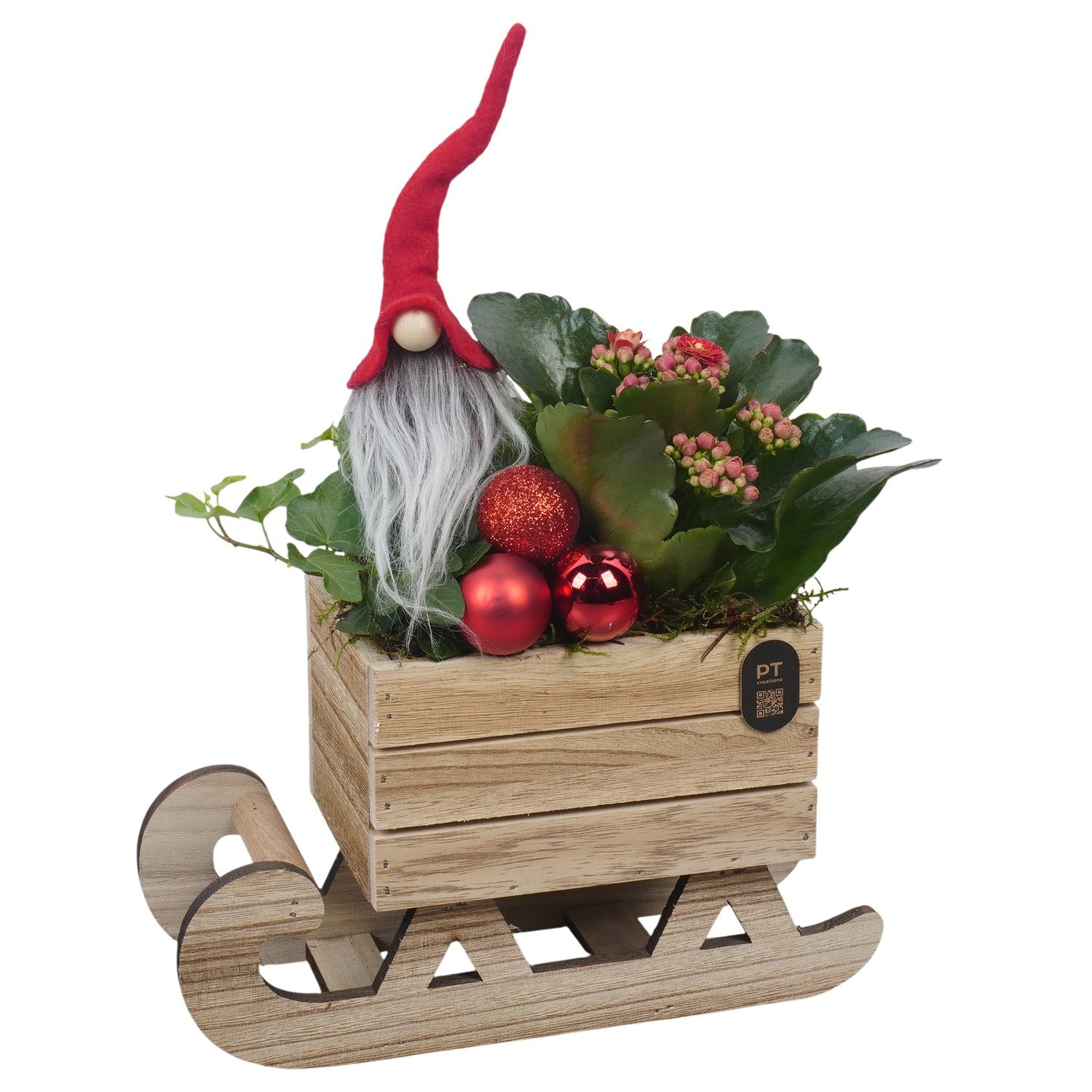 PTCHR9631 Arrangement Christmas Red in houten slee, D 24
