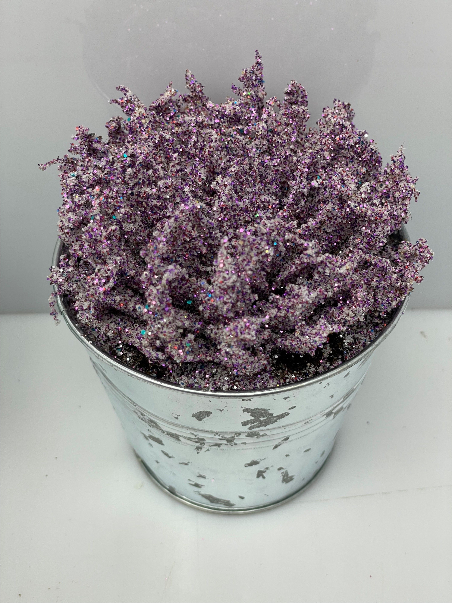466kerstster BIO Twinkle glitter paars zinkpot8,5cm, D 9,5 cm