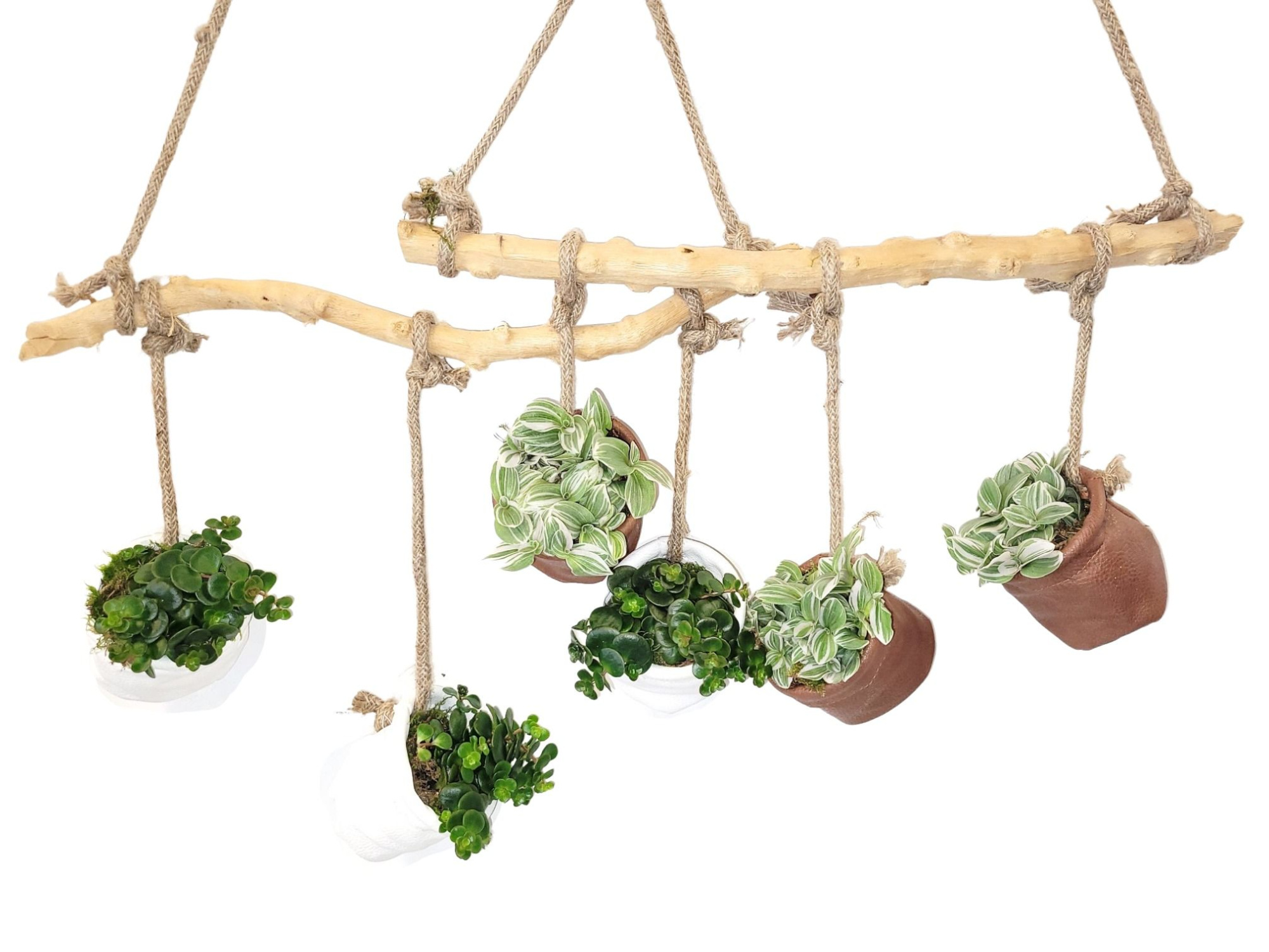 400 LBJ Window Dressing Branch, 3x Leather bag, Jute rope, D 50 cm