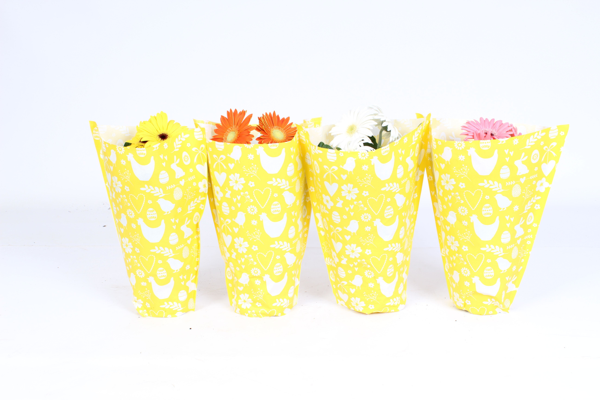 Gerbera gemengd 2+bl 12cm in gele kraft Paashoes, D 12