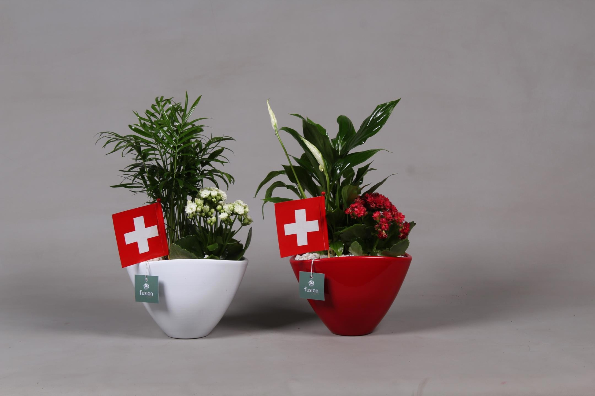 Keramieken pot rood en wit met Arrangent en de vlag van Zwitserland, D 23