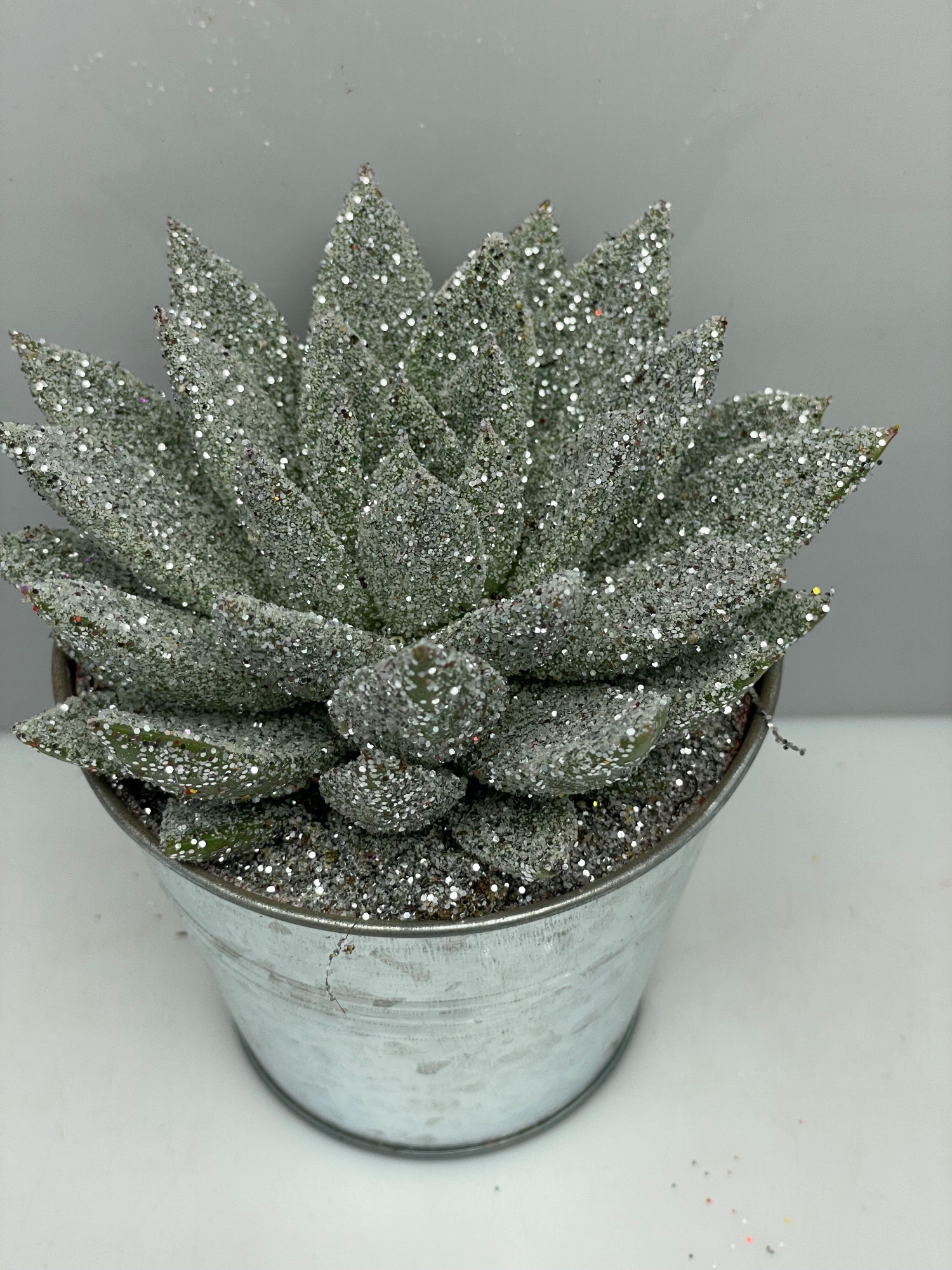 461kerstster BIO Twinkle glitter zilver zinkpot8,5cm, D 9,5 cm