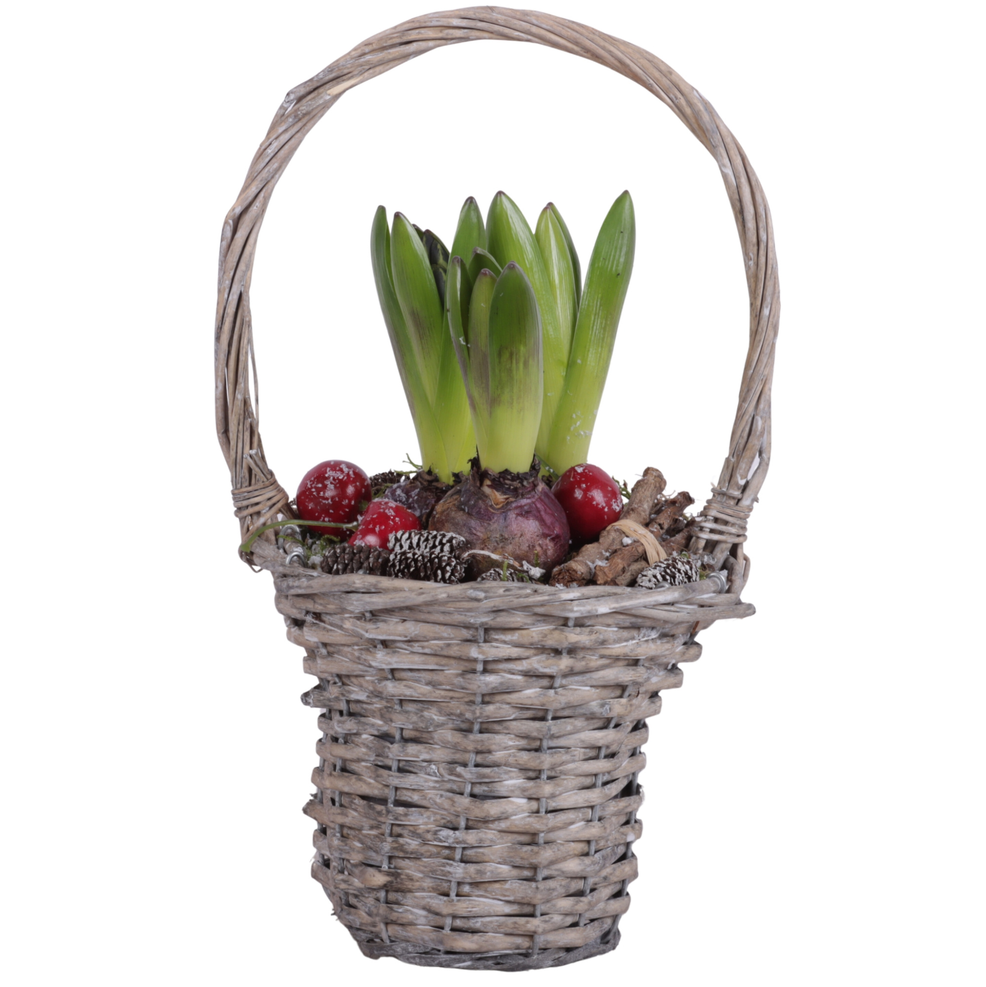 Winter Arr. Hyacint Willow Handle Basket Grey Ø15cm 3PP, D 15 cm