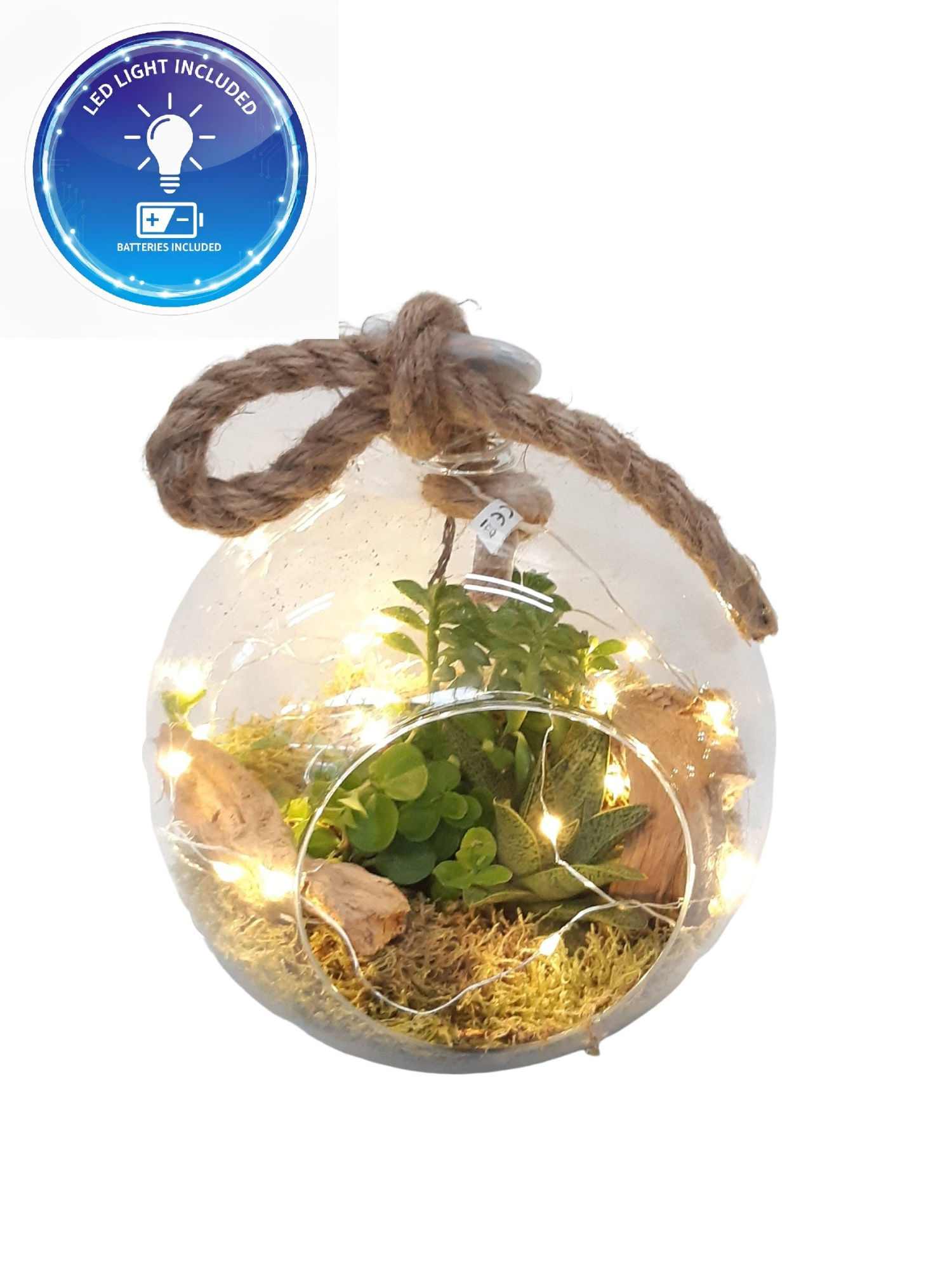 911LED Bolglas + hangtouw mini groenmix + LED lights and Battery, D 20