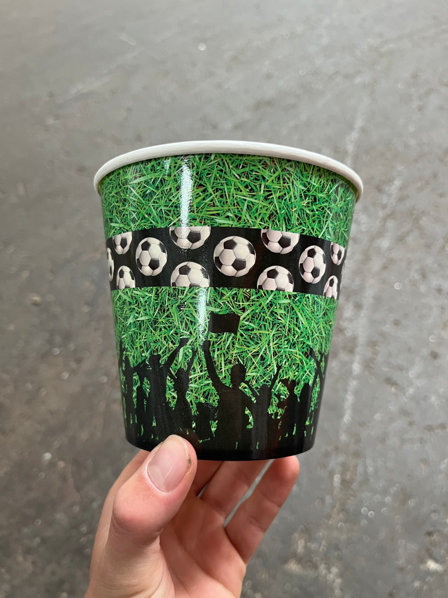 Gerbera belicht 2+ 2+ bl12cm in voetbal beker groen gras, D 12