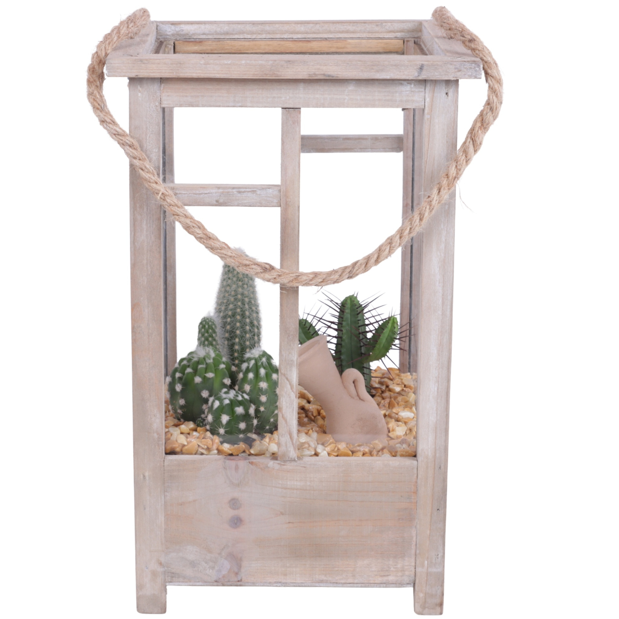 Yearround Arr. Cactus Wooden Lantern pot Brown mix/3 Ø19cm 3PP, D 19 cm